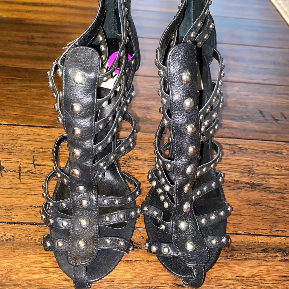 Strappy black leather heels
